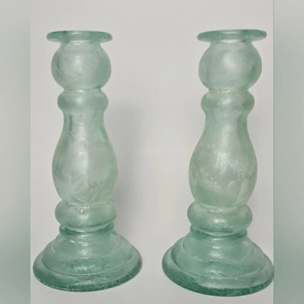 Spanish Recycled Green Glass Candlesticks Set 8” Vintage Style Pair